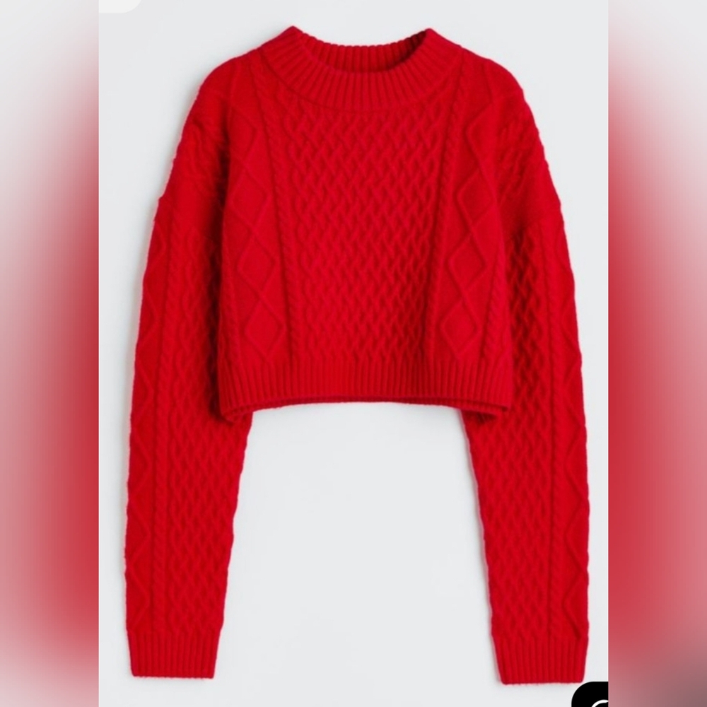 H&M Red Cropped Cable Knit Crewneck Sweater